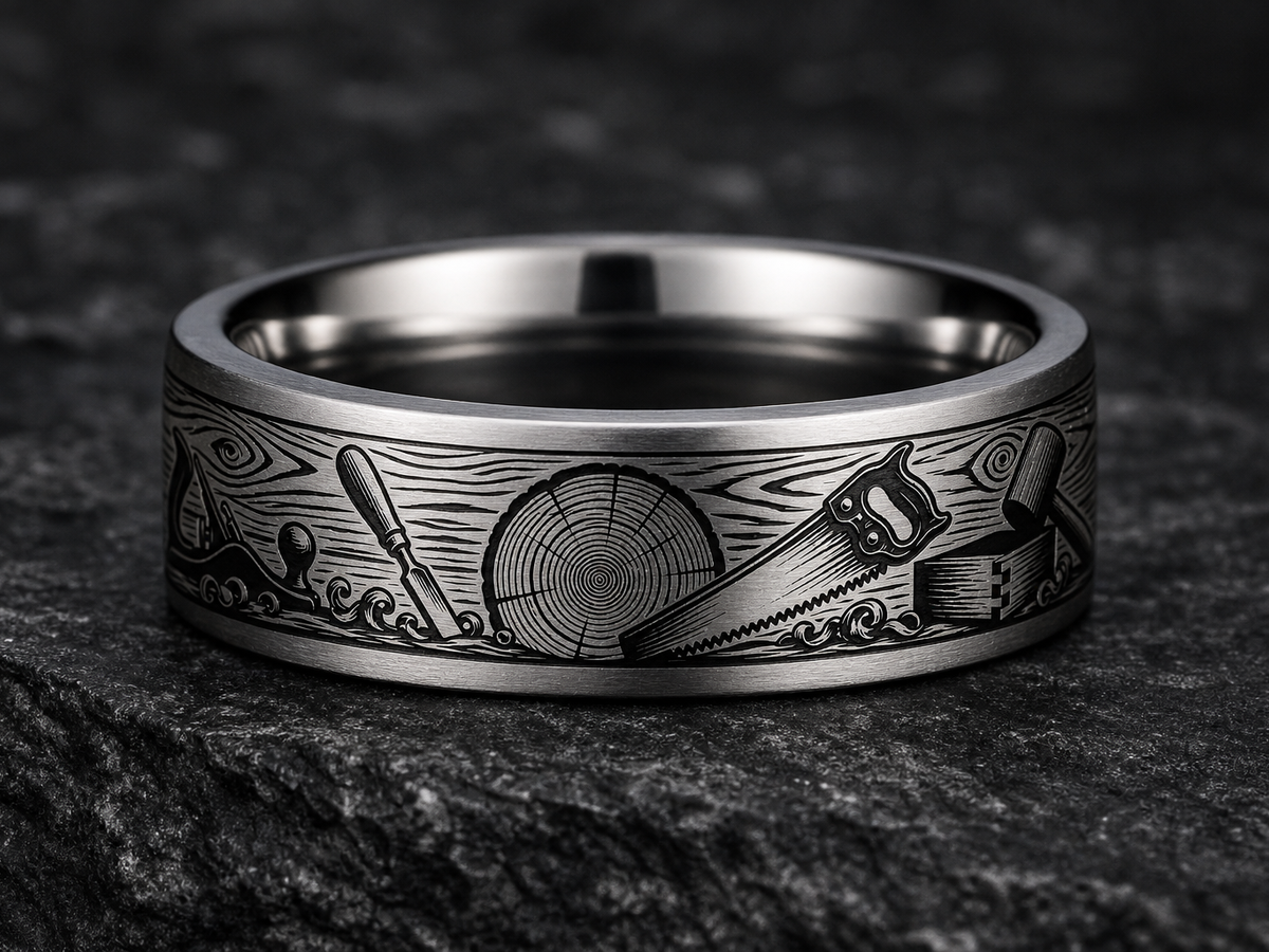 Woodworker Father Ring Story: Made with time and love. ring mockup